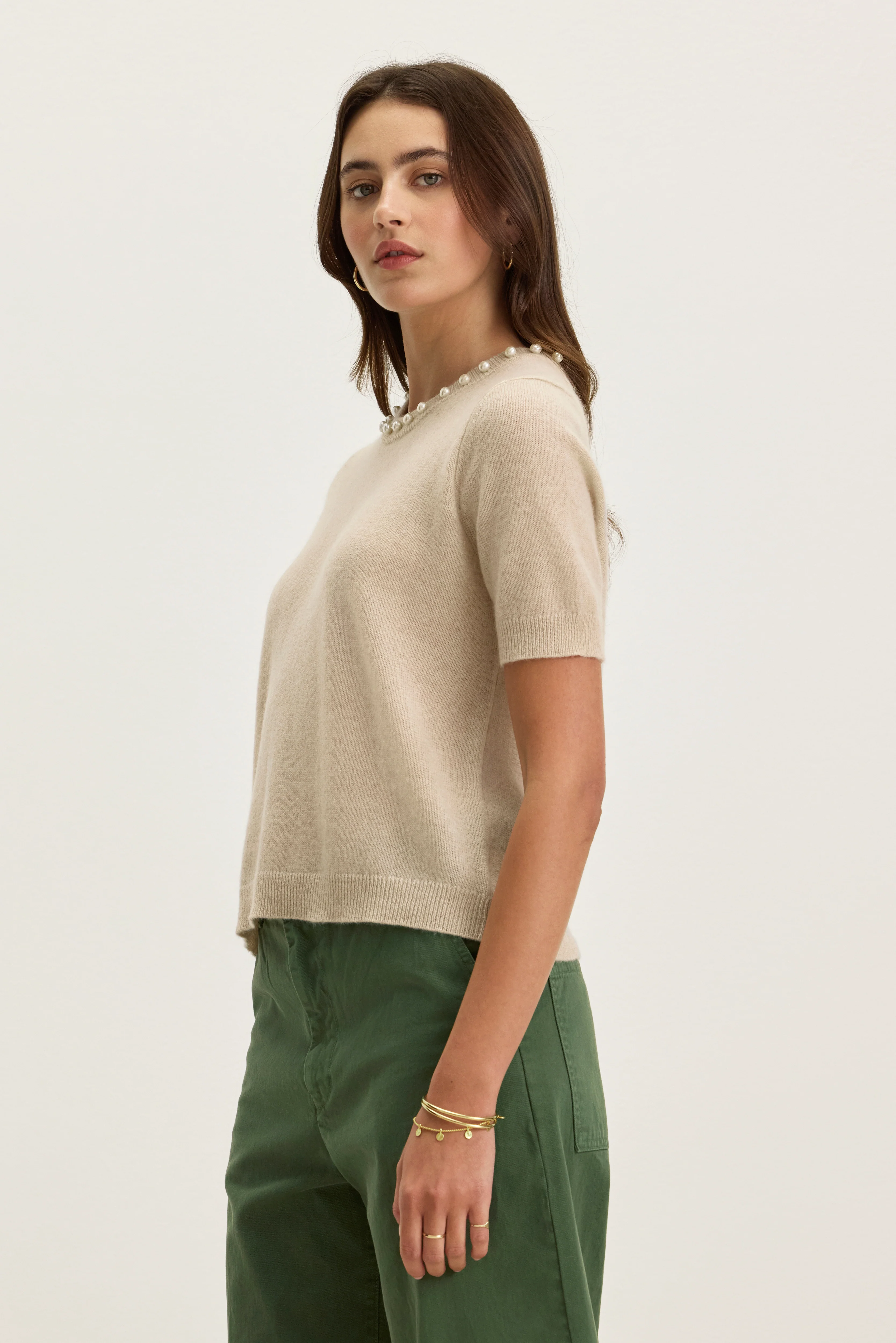 YARA CASHMERE EMBELLISHED SWEATER IN WHEAT - Image 2