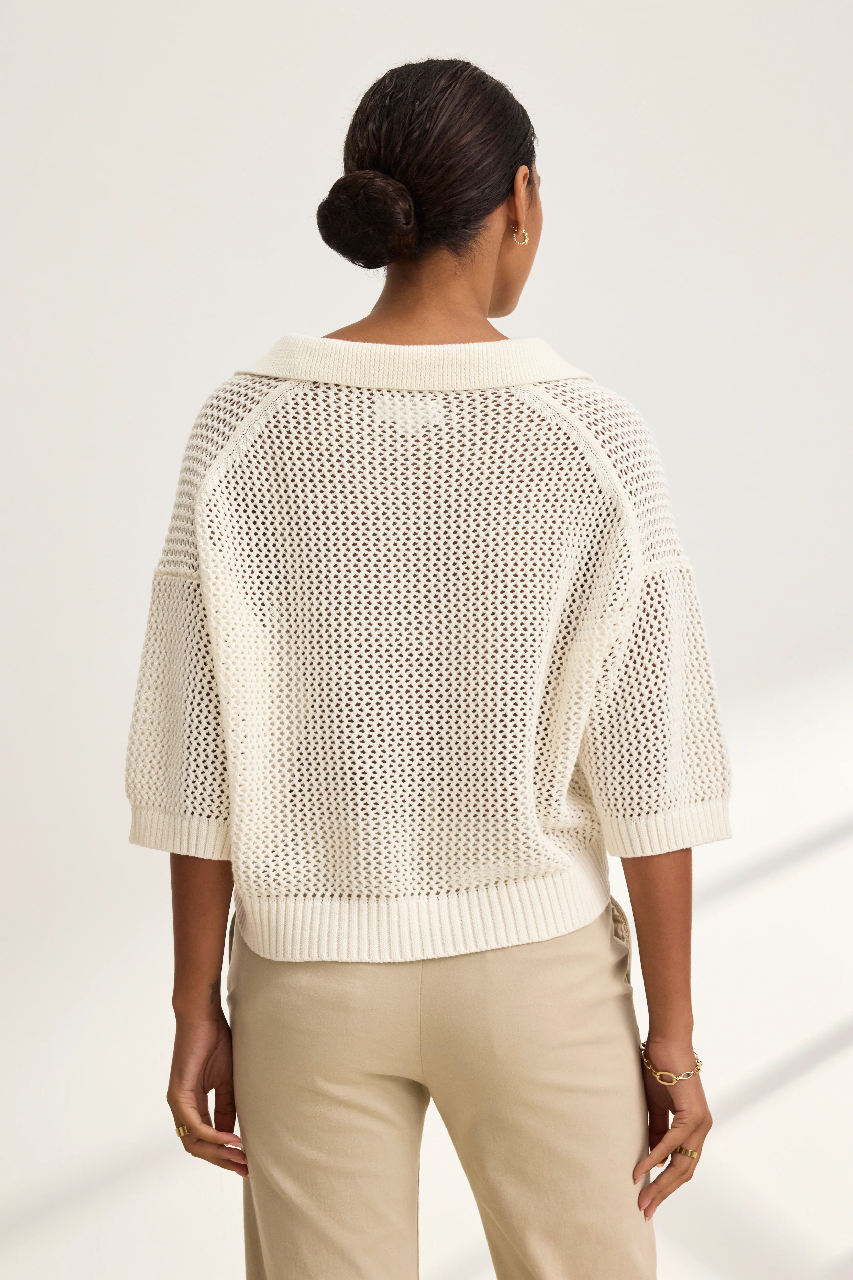 YORK COTTON CASHMERE MESH SWEATER POLO IN MILK - Image 4